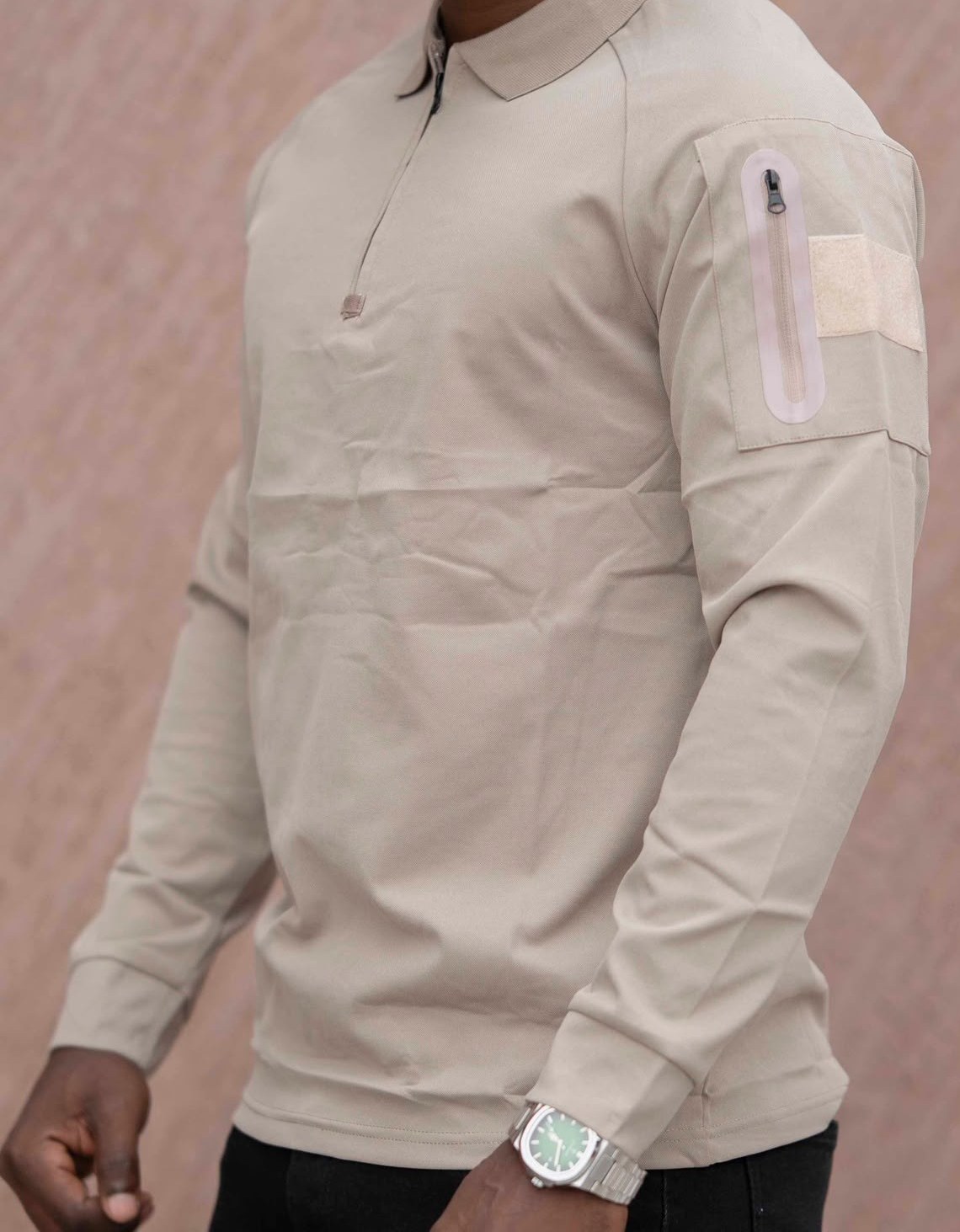 Beige Long-Sleeve Quarter-Zip Polo Shirt with Sleeve Pocket
